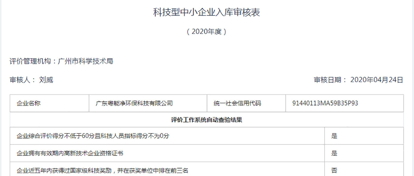 廣東粵能凈環(huán)?？萍加邢薰境晒θ霂?020年科技型中小企業(yè)